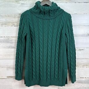 Talbots Womens Green Cable Knit Turtle Neck Long Sweater Size S Cotton Blend